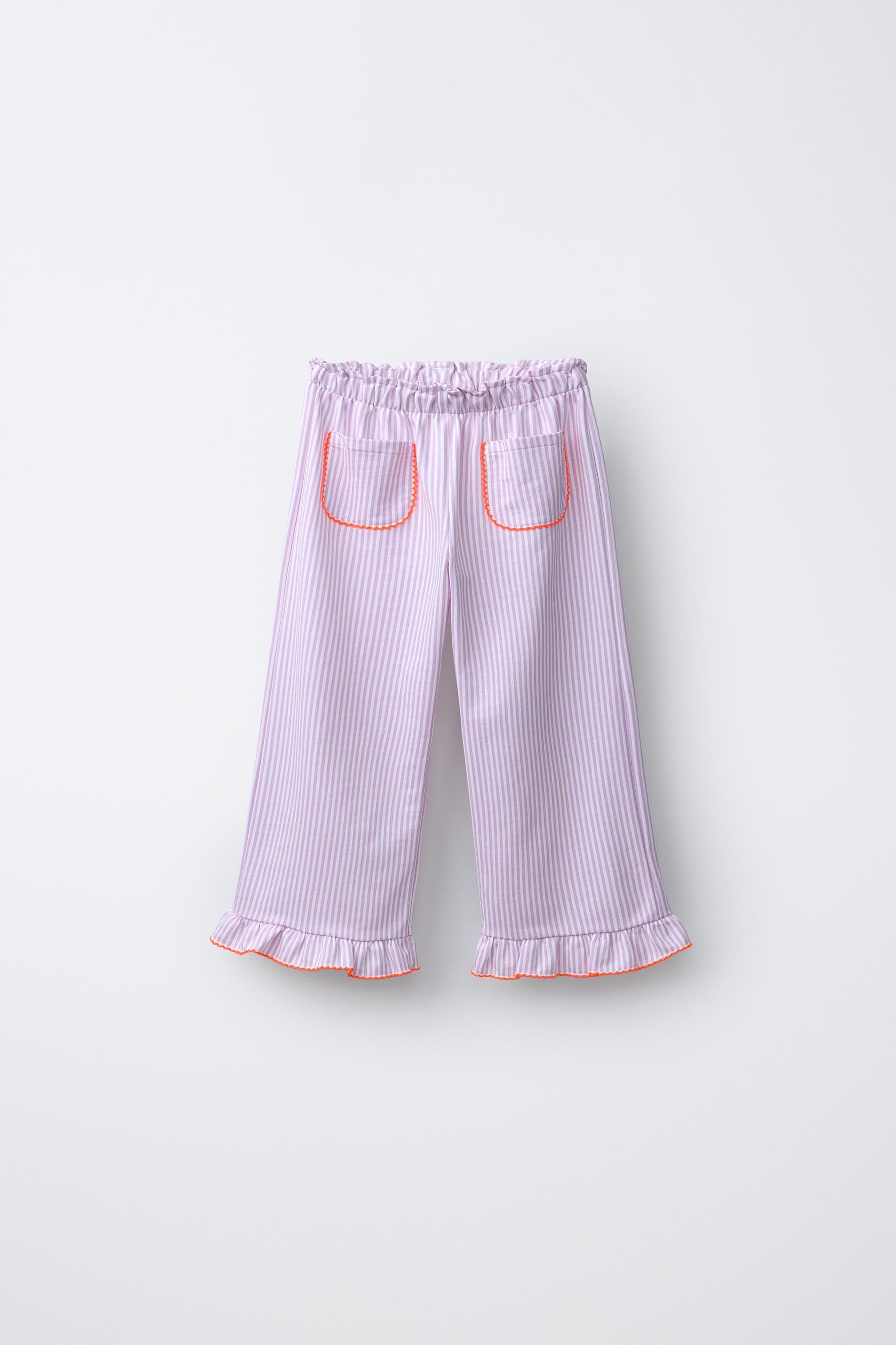 STRIPED CULOTTES WITH RUFFLE AND CONTRASTING PICOT TRIM